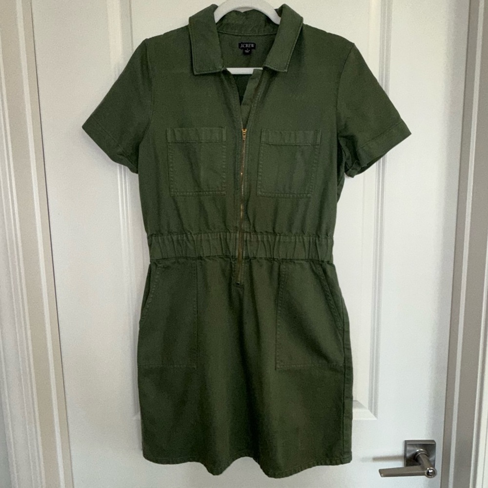 J. Crew Olive Utility Zip-Front Short Sleeve Mini Dress